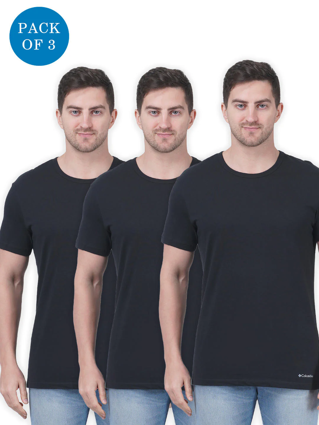 Columbia Men Black 100% Pure Cotton Crew-Neck Tee Classic Fit 3 Pack Solid (Non Returnable)