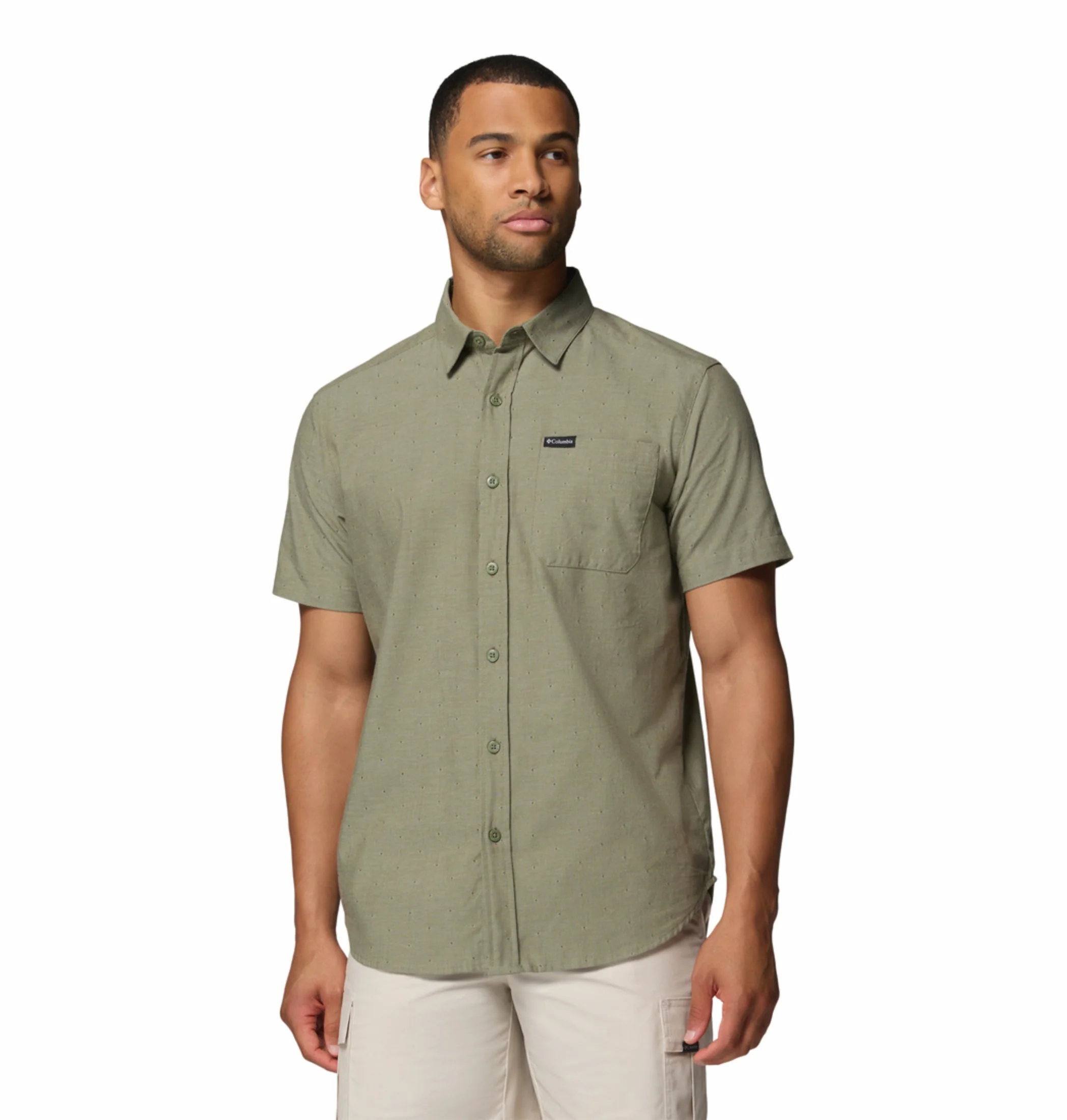 Columbia Men Olive Green Omni-Wick Rapid Rivers Novelty Short Sleeve Shirt