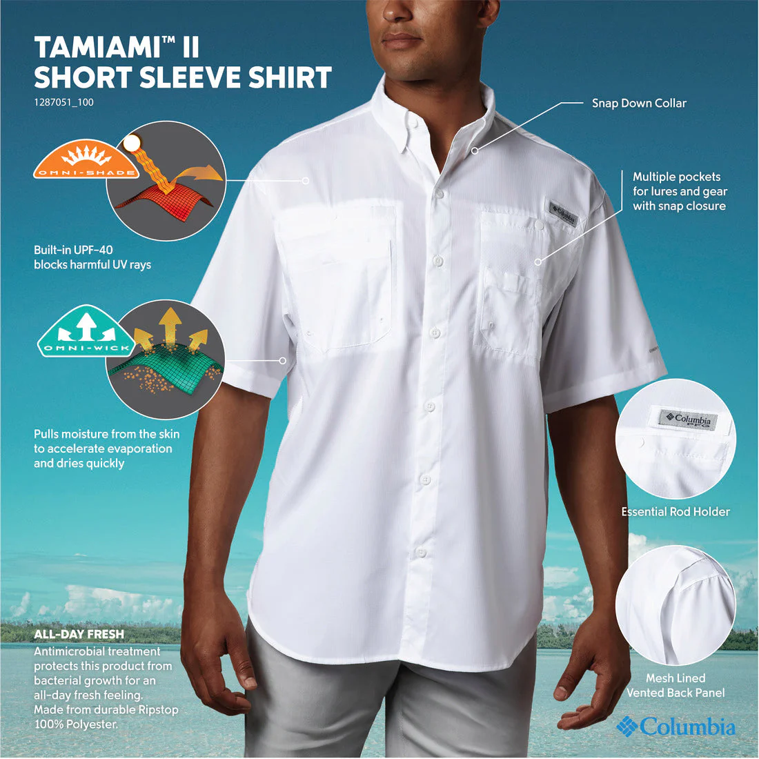 Columbia Men White Omni-Shade Tamiami II Short Sleeve Shirt - Image 2