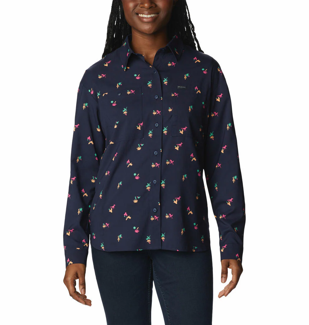 Columbia Women Navy Blue Silver Ridge Utility Patterned LS Shirt (Sun Protection)