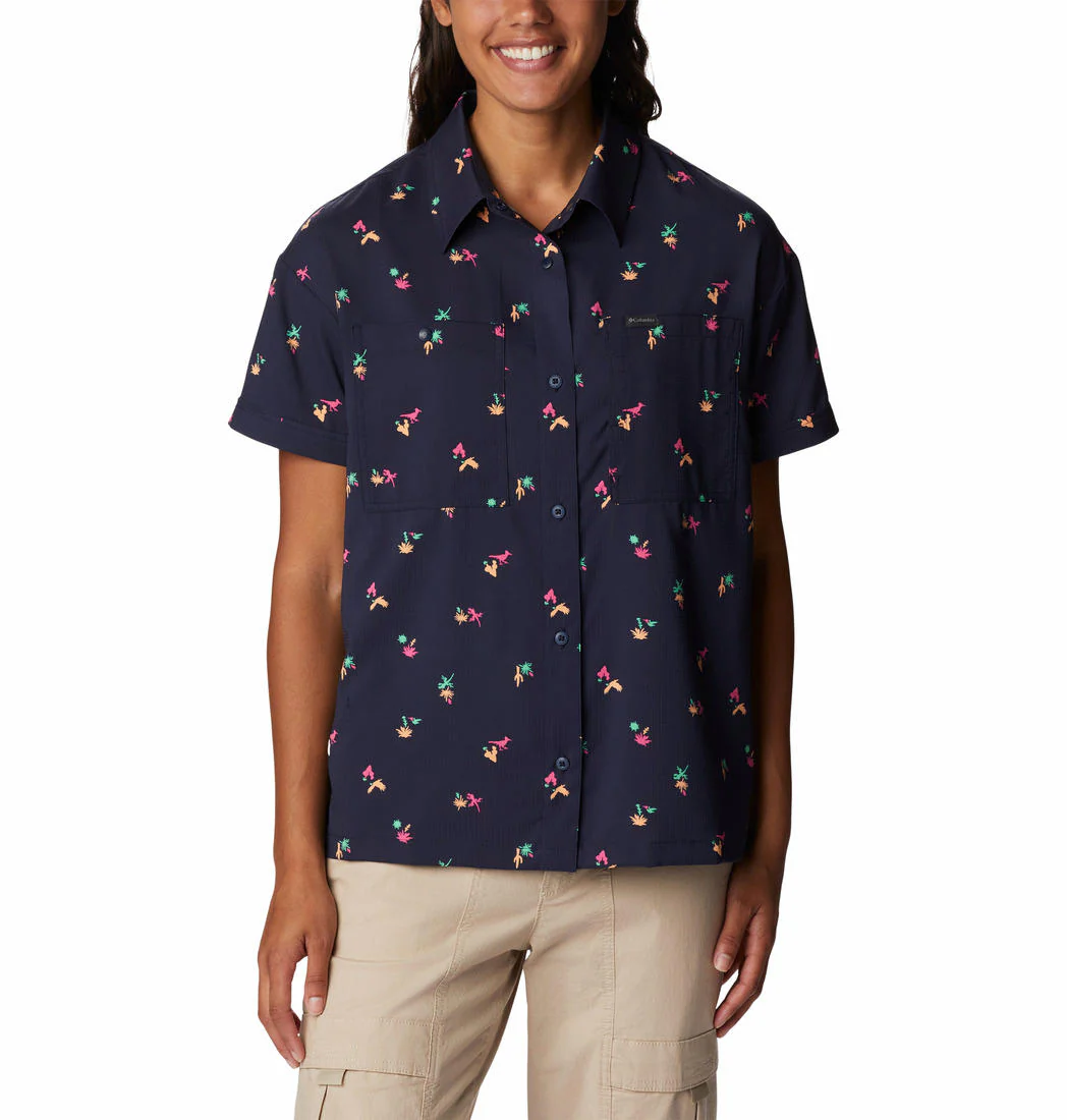 Columbia Women Navy Blue Silver Ridge Utility SS Shirt (Sun Protection)