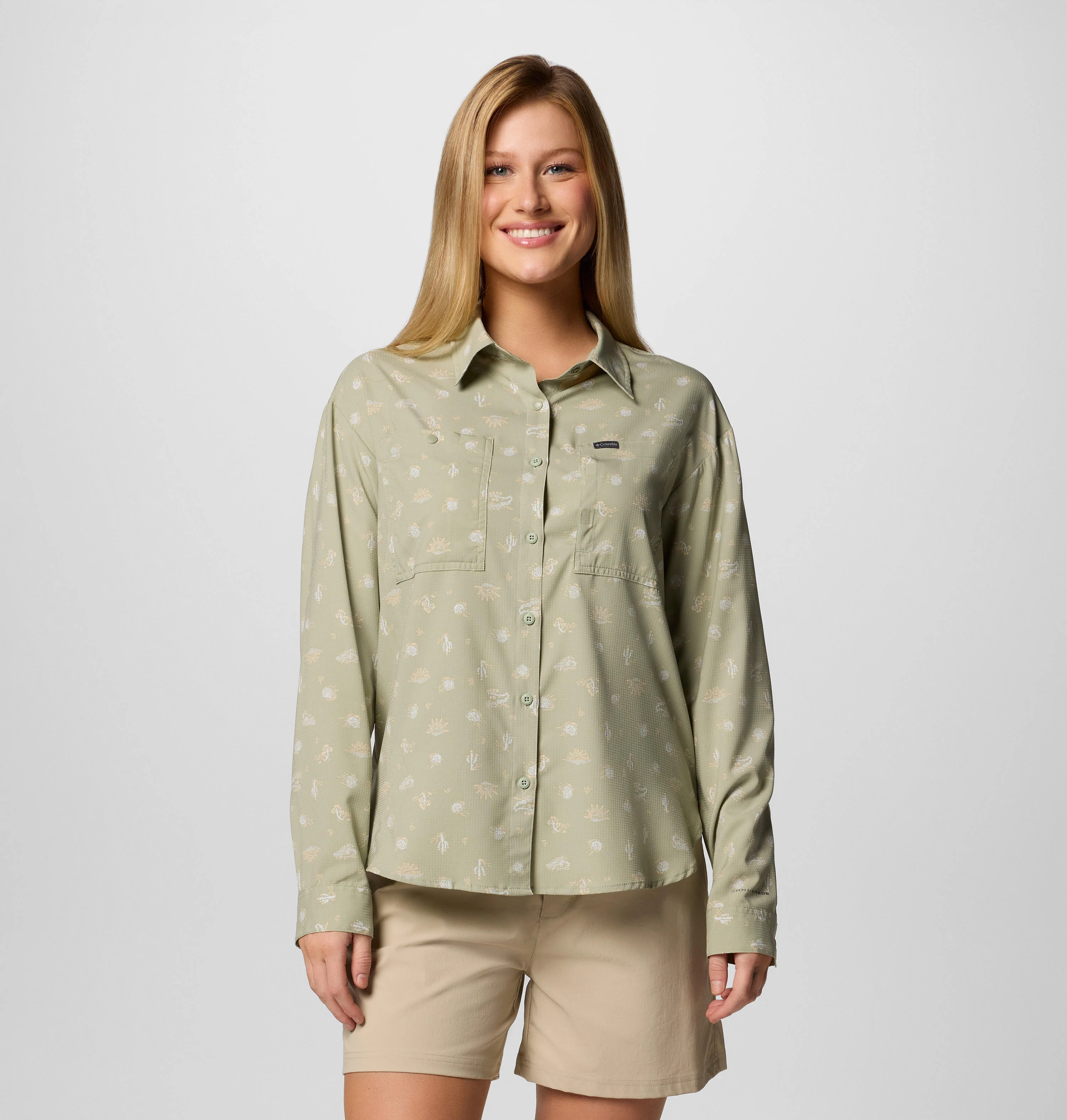 Columbia Women Green Silver Ridge Utility Patterned LS Shirt (Sun Protection)