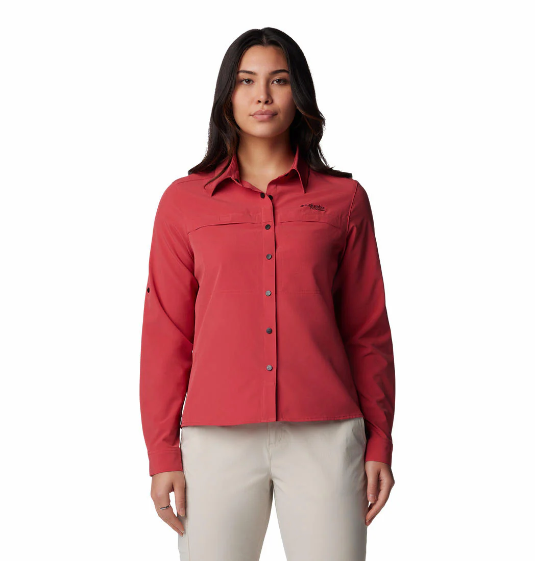 Columbia Women Red Summit Valley Woven Long Sleeve Shirt (Sun Protection)