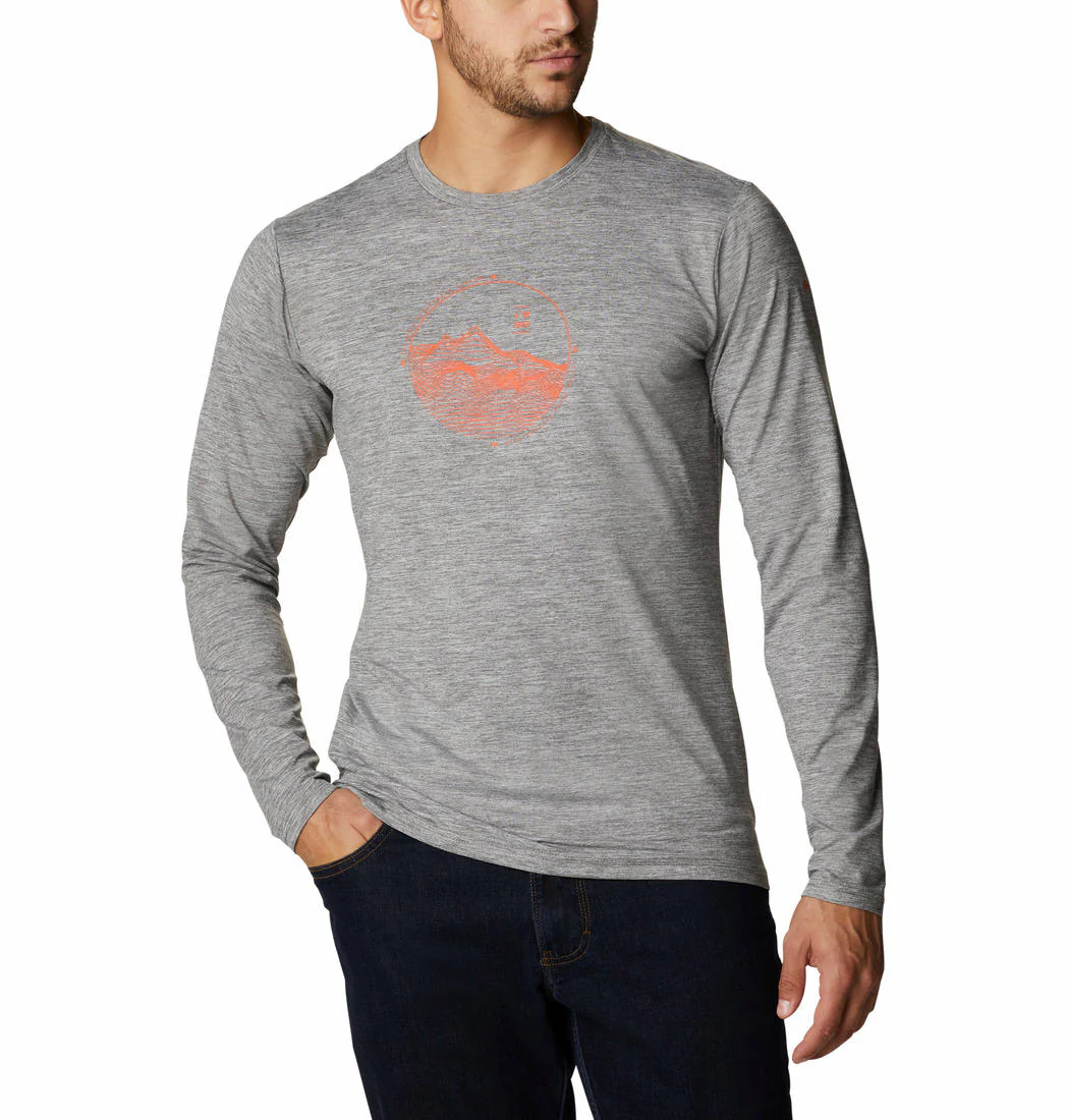 Columbia Men Grey Tech Trail Graphic Long Sleeve (Sun Protection)